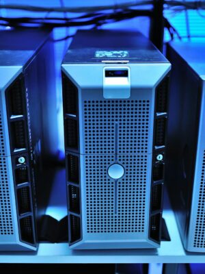 Close-up view of modern rack-mounted server units in a data center.